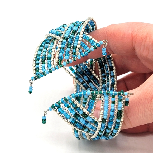 Wire Wrap Blue Seed Bead Woven Braided Wide Cuff Bracelet Vintage - Picture 6 of 8